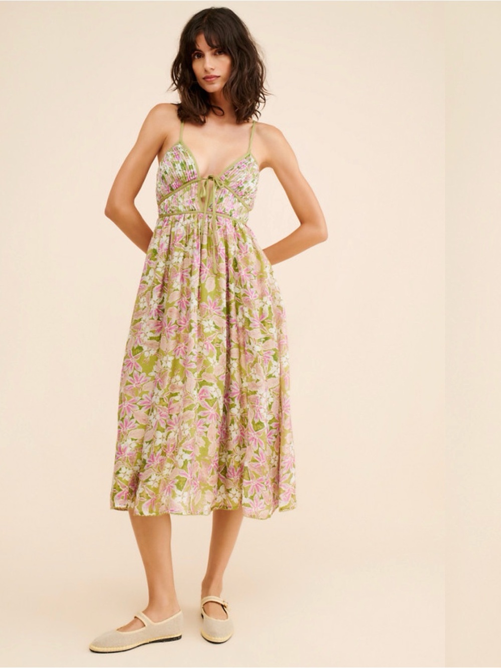 En Saison Sedna Midi Dress Small Floral Smocked Tie Front $148 Retail